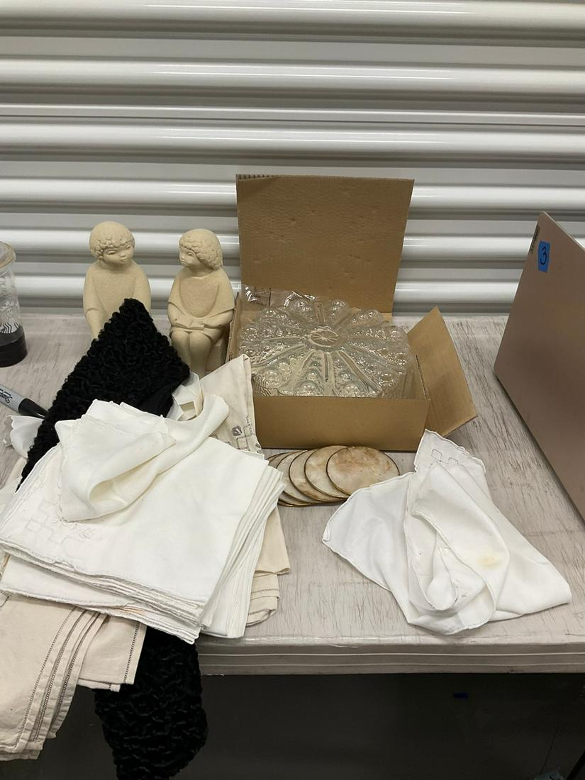 Abalone coaster, stone figurines, cloth napkins, glass light, and more: Abalone coaster, stone figurines, cloth napkins, glass light, and more