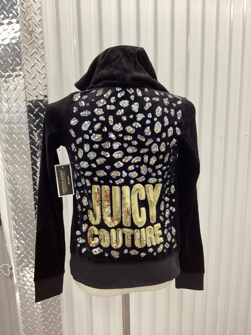 NWT Juicy Couture Pitch Black Juicy Leopard Logo Velour Hooded Jacket Size S: NWT Juicy Couture Pitch Black Juicy Leopard Logo Velour Hooded Jacket Size S
