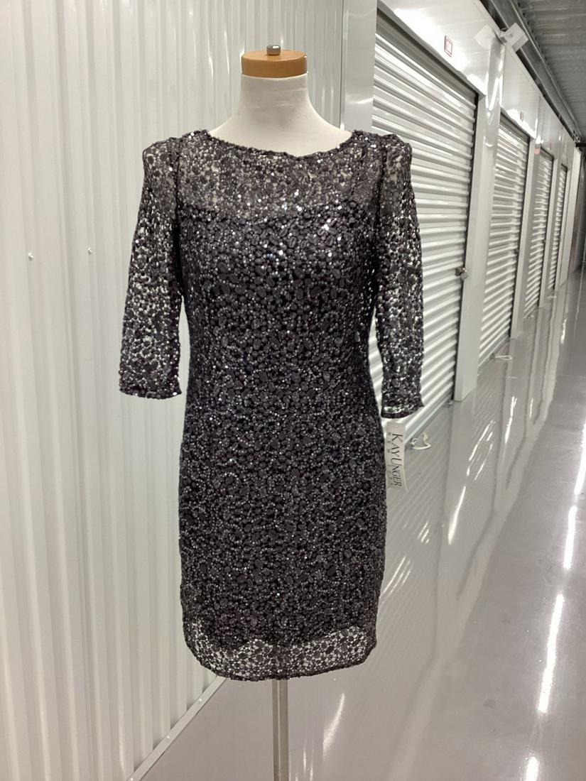 NWT Kay Unger Sequin & Metallic Sheath in Smoke over Black Slip Dres Size 4: NWT Kay Unger Sequin & Metallic Sheath in Smoke over Black Slip Dres Size 4