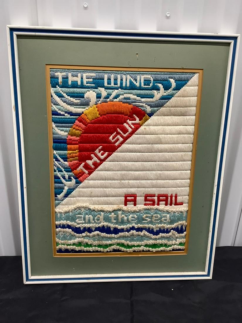 Vintage Framed Woven "The Wind, The Sun, a Sail and The Sea" Picture 21X17: Needs Cleaning