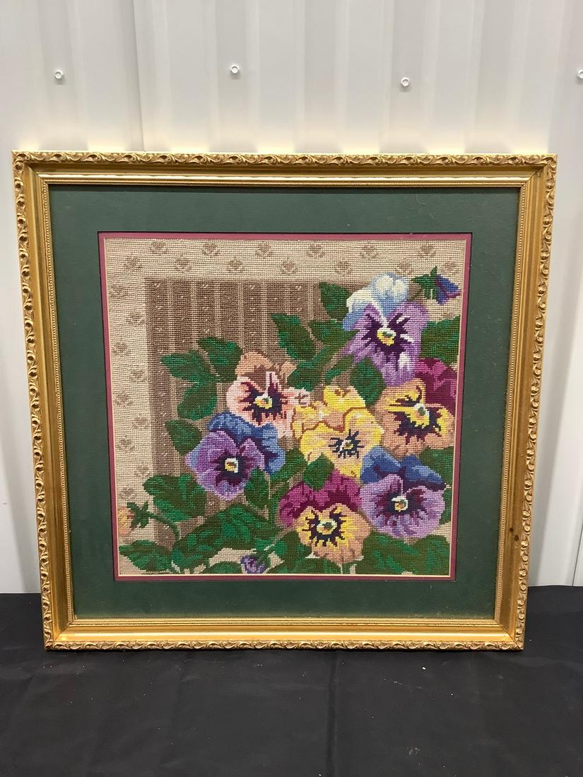 Vintage Framed Cross Stitch Floral Picture 20X19.5 (1 of 1)