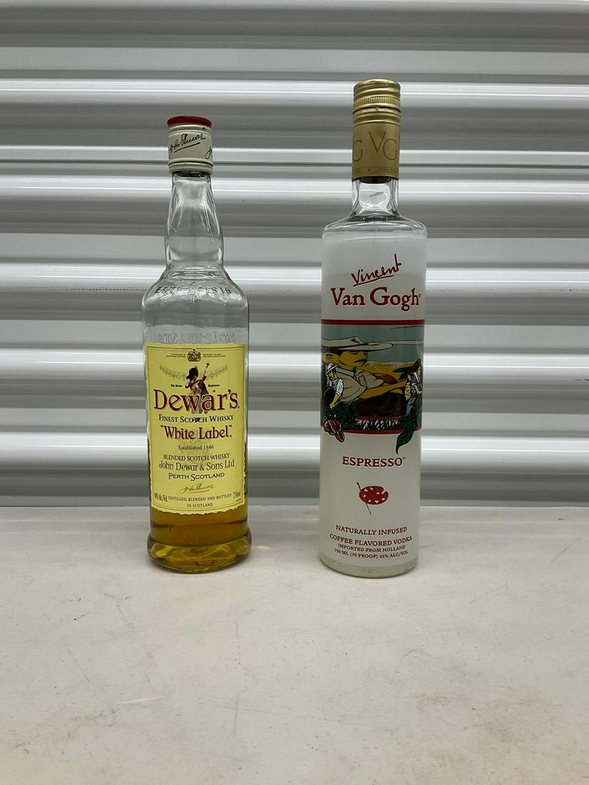 Vincent Van Gogh Espresso Vodka 250ml, and Dewar's White Label 250ml: Any contents in bottle is Free; You are bidding on the bottle & unbroken tax stamp