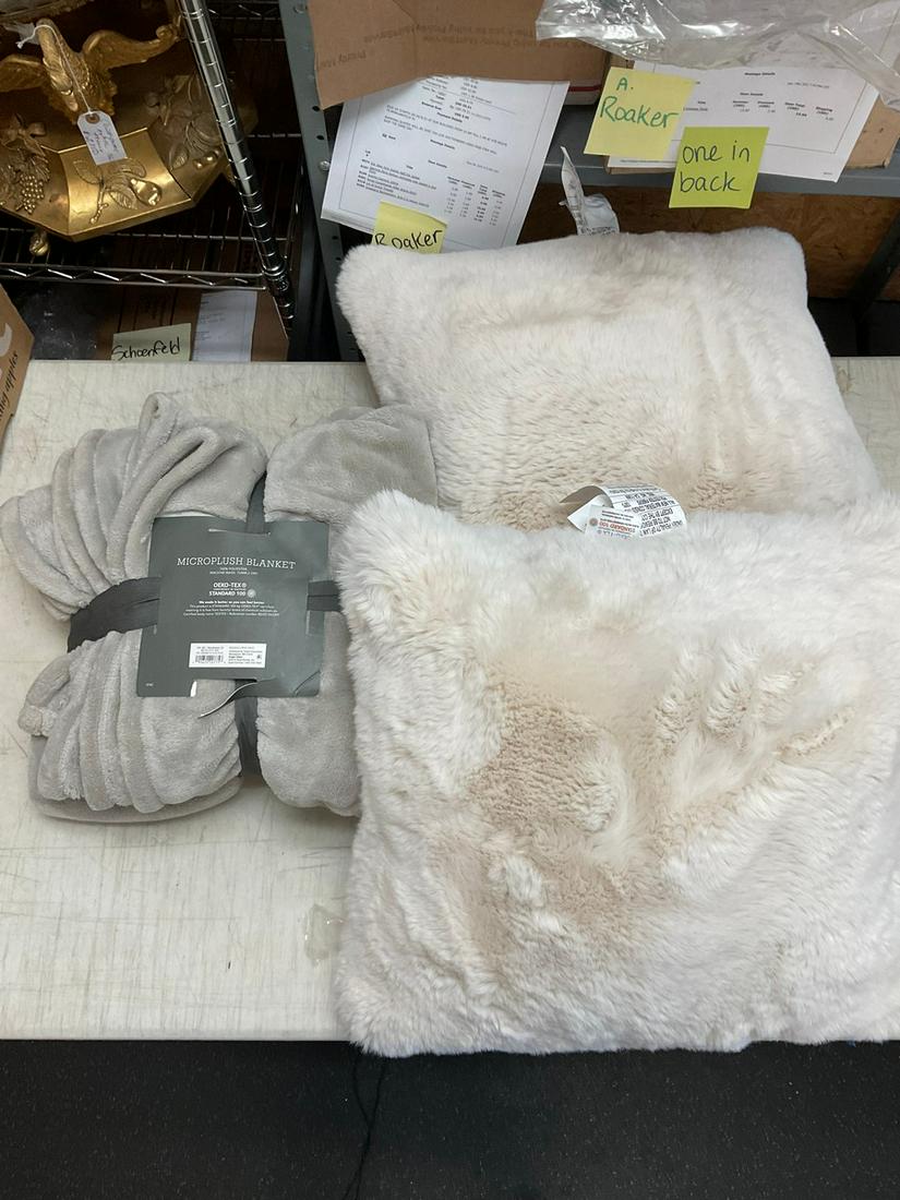 Pair of fluffy decorative throw pillows and microplush throw blanket (1 of 1)
