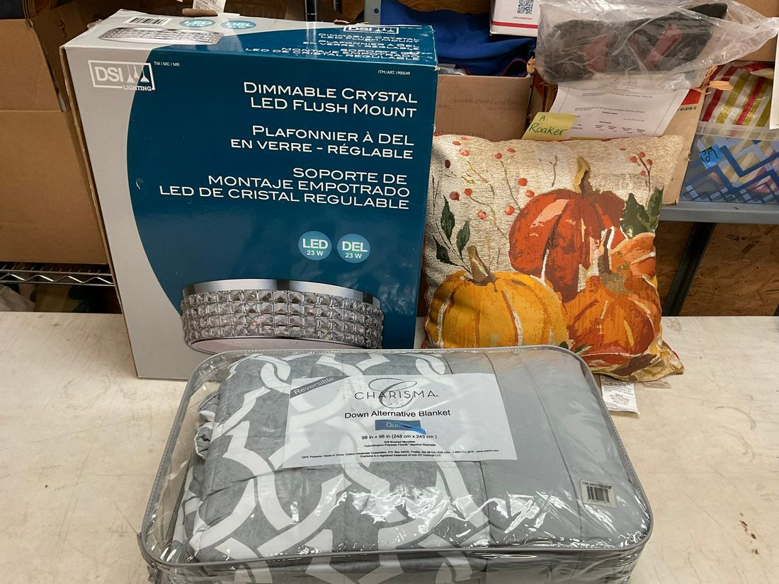 Decorative throw pillow, Charisma reversible alternative blanket, and Dimmable crystal LED flush (1 of 1)