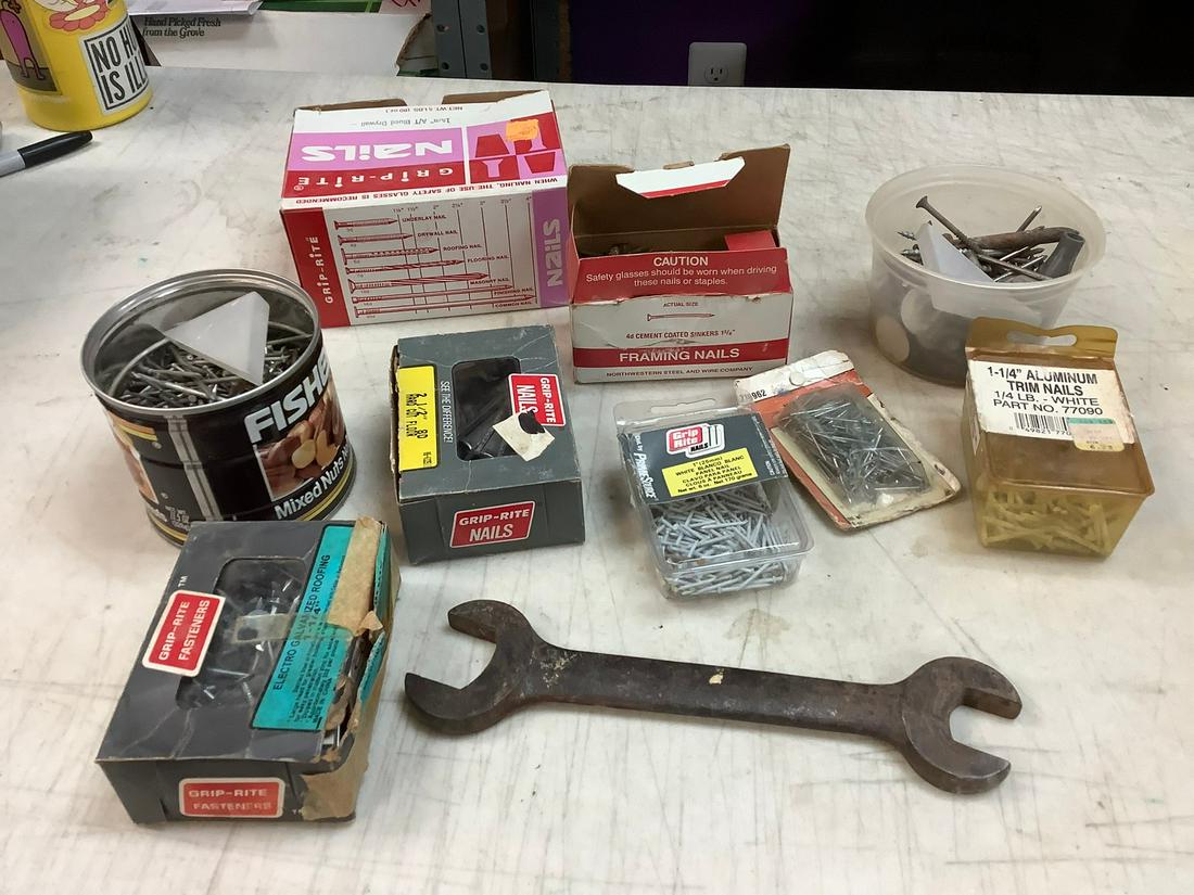 Large Lot of Nails, Wrench, and more: Large Lot of Nails, Wrench, and more
