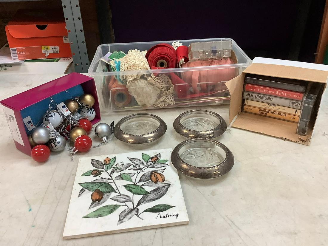Large Lot of Sewing Supplies, Sterling Dishes, Cassette Tapes and more: Large Lot of Sewing Supplies, Sterling Dishes, Cassette Tapes and more
