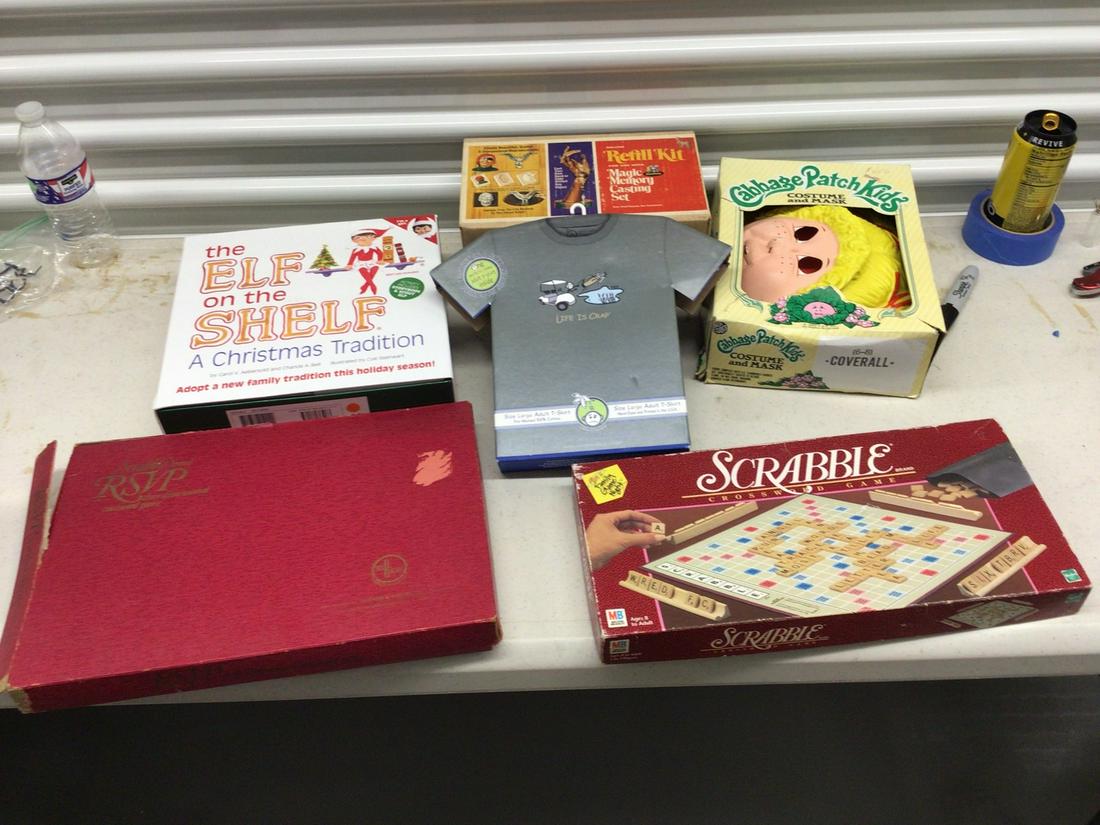 Cabbage patch kids costume, Refill magic memory casting set, elf on the shelf, and board games: Cabbage patch kids costume, Refill magic memory casting set, elf on the shelf, and board games