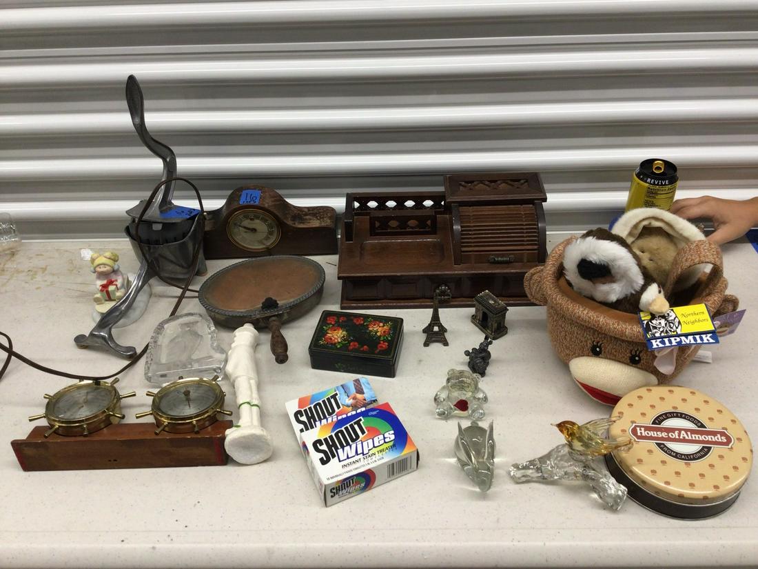 Side table organizer, juicer, antique bed warmer, sock monkey basket, glass figures, and more (1 of 1)