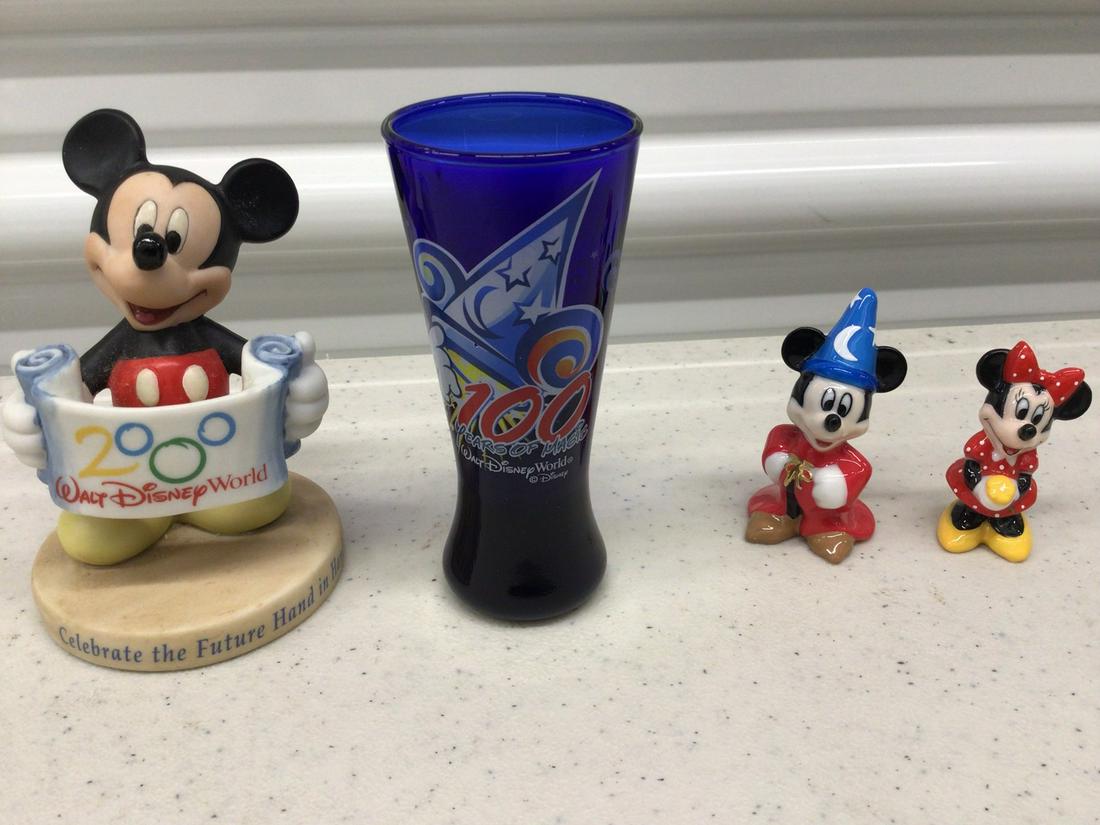 Mickey and Minnie mouse miniature statuettes and Disney 100 years shot glass 4.5 inches tallest: Mickey and Minnie mouse miniature statuettes and Disney 100 years shot glass 4.5 inches tallest