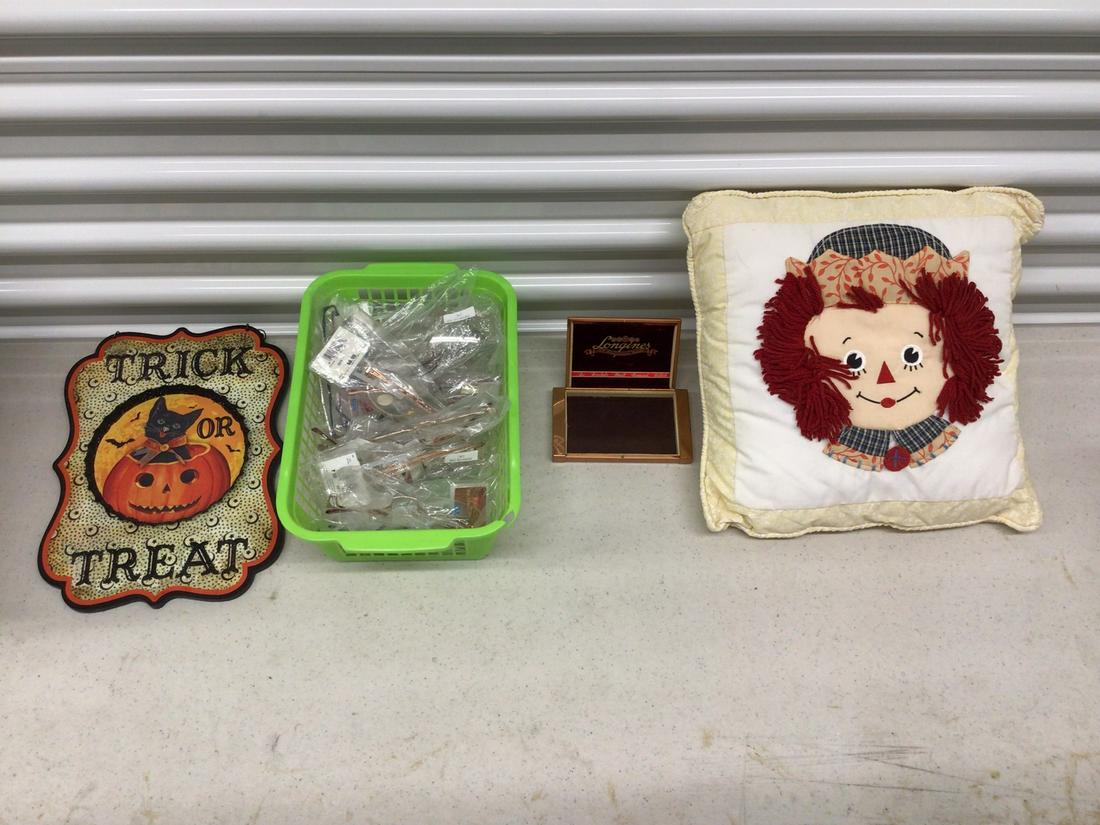 Halloween sign, lot of glasses, watch box, and raggedy anne pillow: Halloween sign, lot of glasses, watch box, and raggedy anne pillow