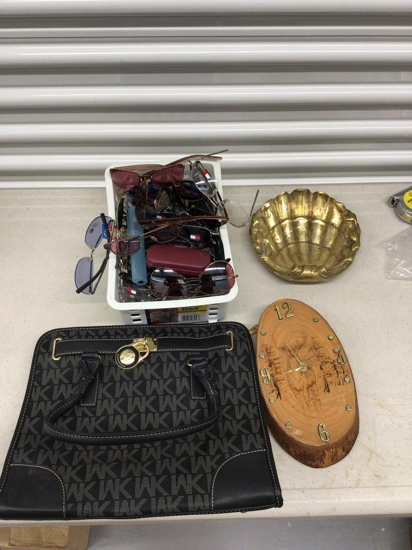 Large lot of sunglasses, metal clam dish, Wendy Keen bag, and wodden clock.: Large lot of sunglasses, metal clam dish, Wendy Keen bag, and wodden clock.