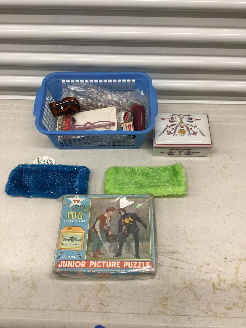 Glasses, penicl cases, vintage 100 piece Robin Hood puzzle and powder box (1 of 1)