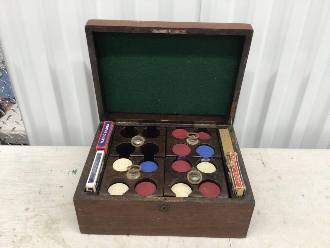 Vintage wooden poker set with cards and chips: 12" x 5" x 9"