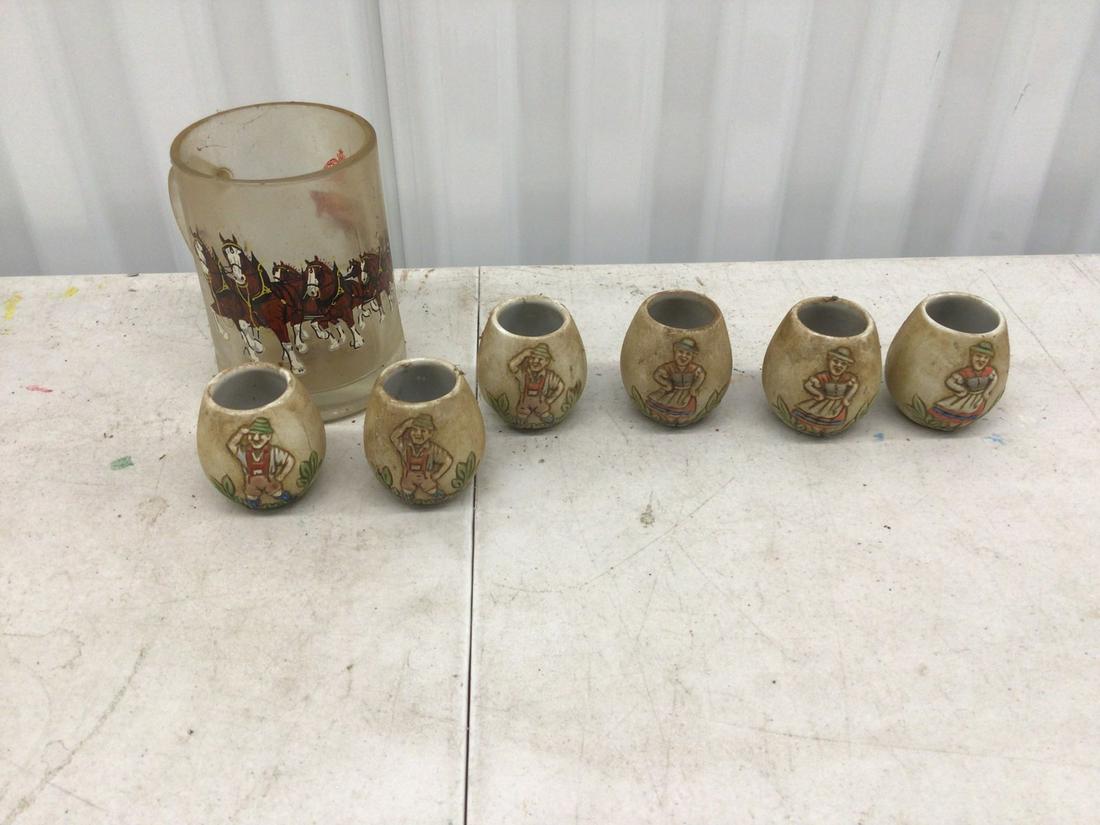 Lot of six decorative shot glasses and Budweiser clydesdale glass mug (1 of 1)