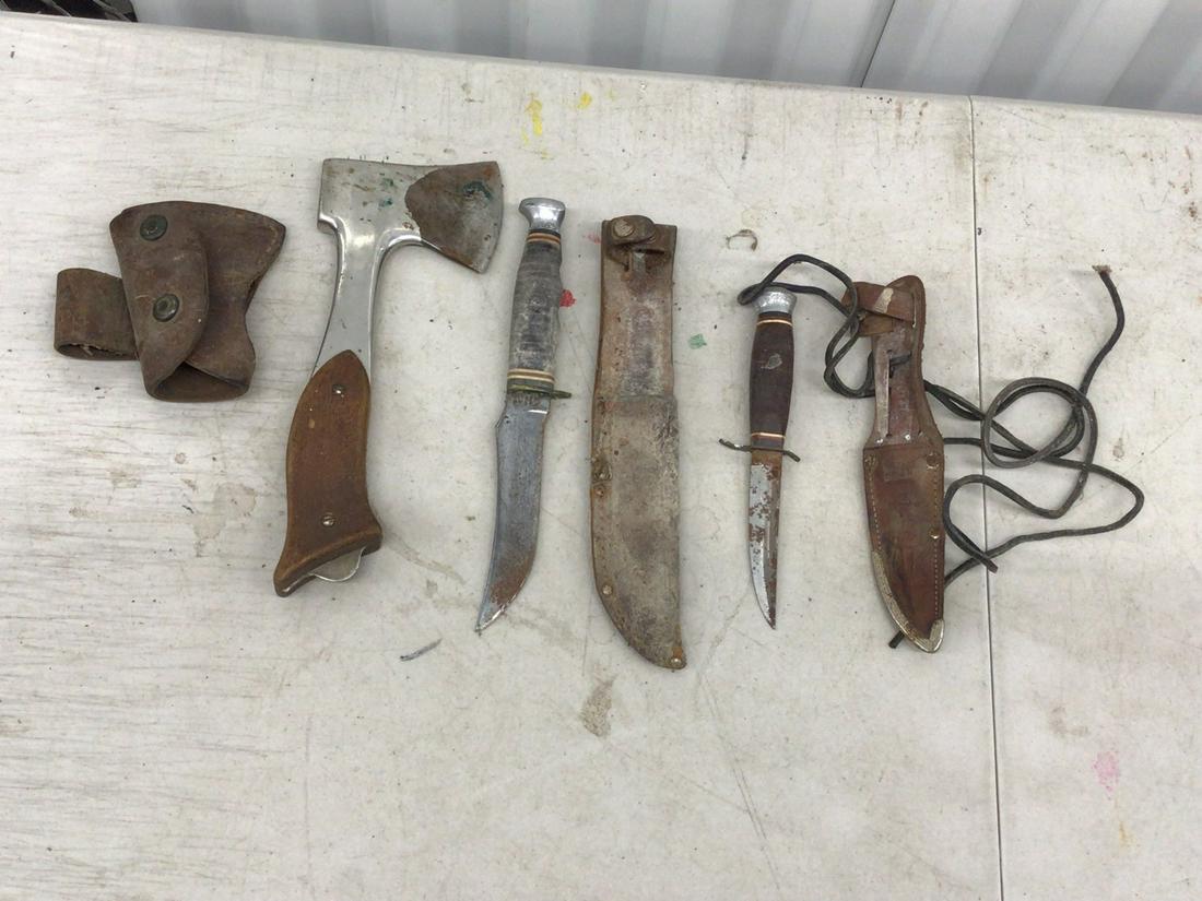 Lot of vintage knives and hatchet with leather covers (Sheath knives Edge and Kabar) (1 of 1)