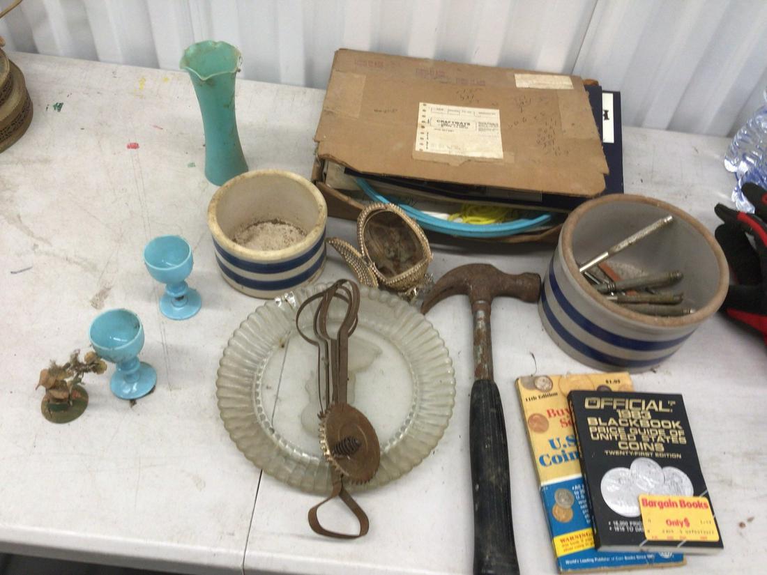 Lot of needle punch kit, ceramic plant pots, hammer, antique egg beater, and more (1 of 1)