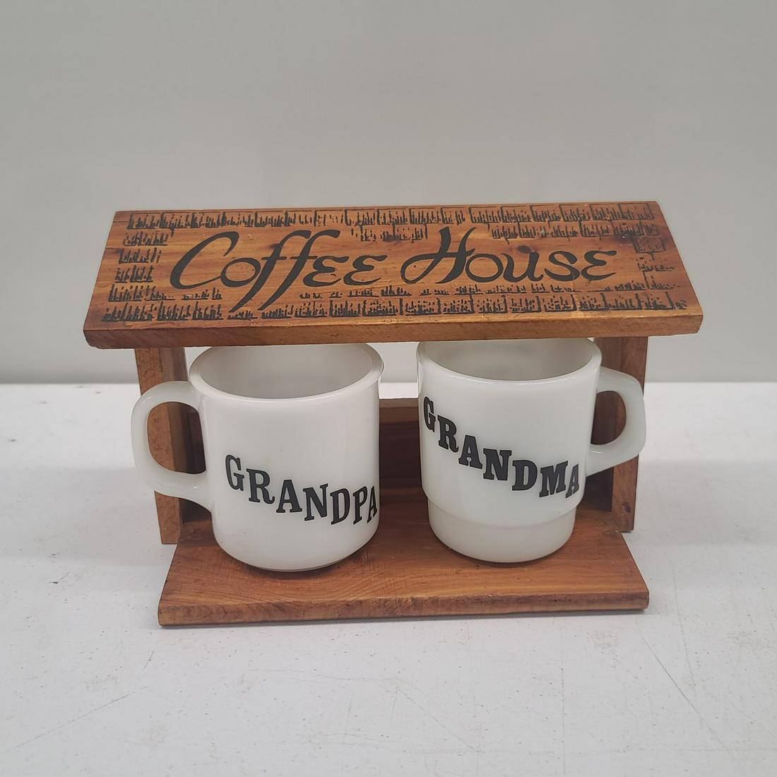 Vintage Grandparents Milk Glass Mugs in Wooden Holder: Vintage Grandparents Milk Glass Mugs in Wooden Holder