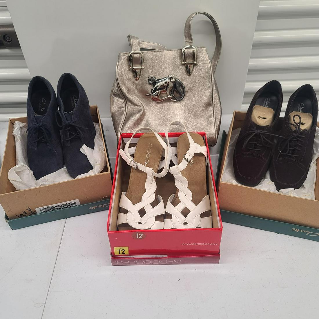 Clark boots, size 8.5, Aerosoles size 12, Copper colored lemer purse (1 of 1)