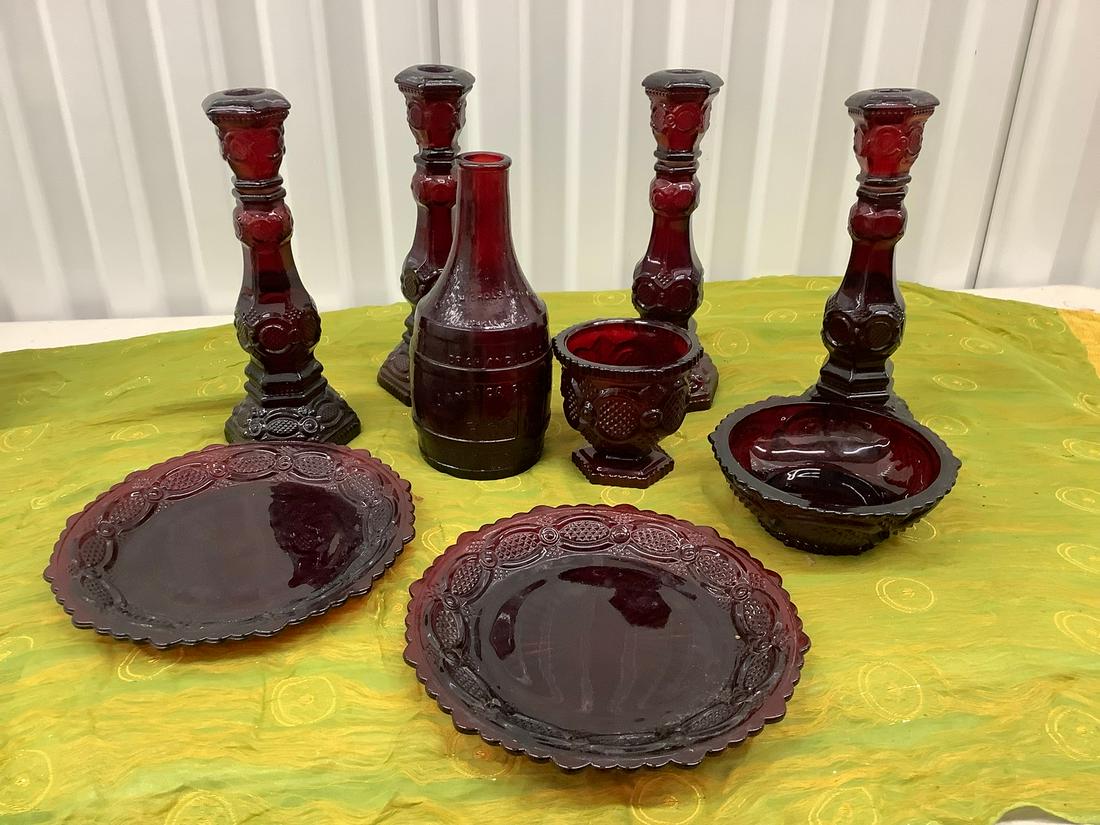 Lot of  Crimson Colored  Plates, Bowls, Avon Candlestick Colognes and Dr. Chandler's Jamaica Ginger (1 of 1)