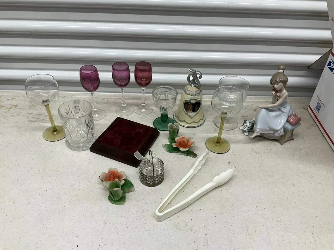 Lot of ceramic flowers, mini wine glasses, girl on phone statue, and more: Lot of ceramic flowers, mini wine glasses, girl on phone statue, and more