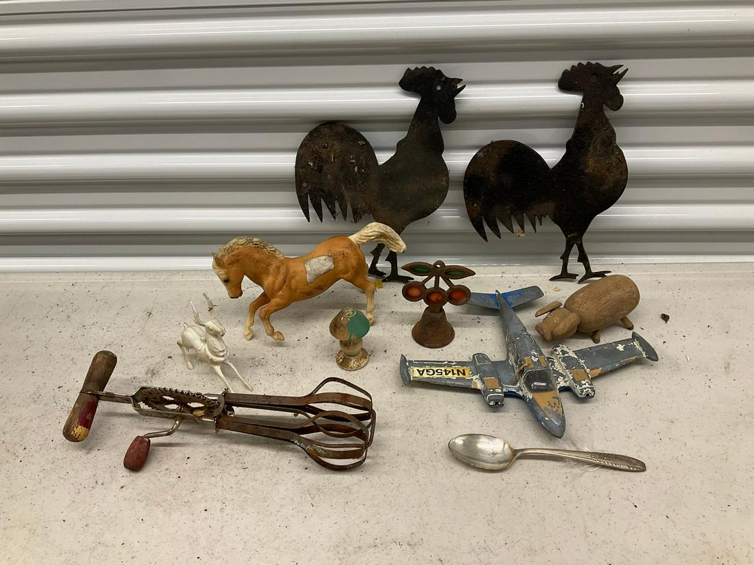 Lot of metal rooster signs, children toys, manual egg-beater. and spoon (1 of 1)