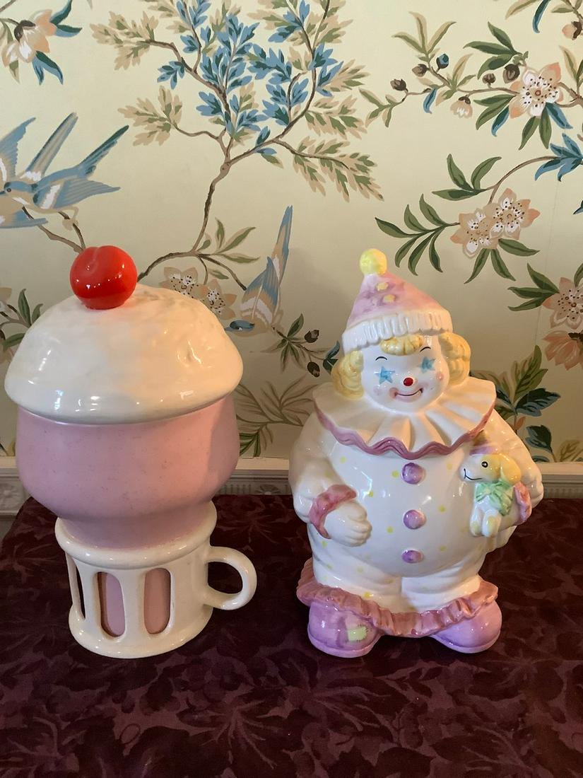 Clown and Ice Cream Cookie Jars: Tallest is 13.5 in.