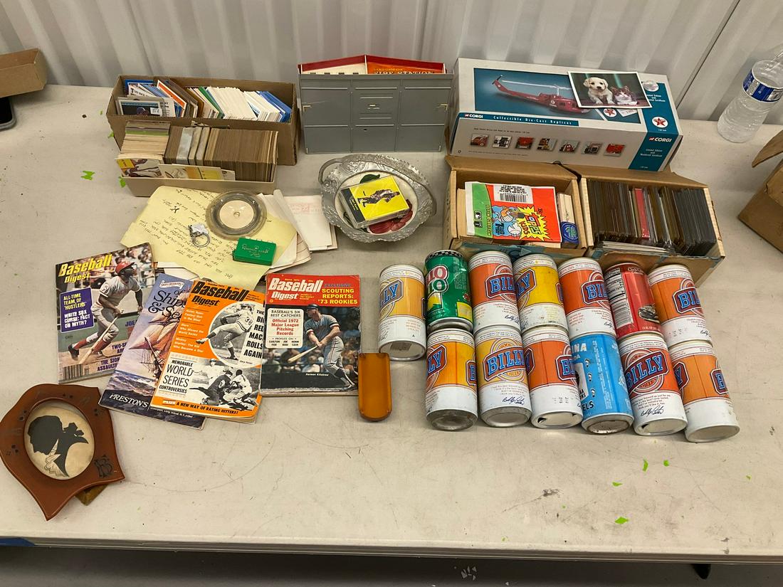 Large lot of collectible vintage cans (Billy Beer, Mello Yello, Carolina Blue Soda), baseball cards (1 of 1)