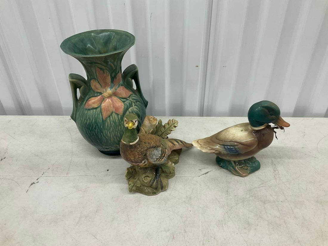 Roseville vase and two bird statues (1 of 1)