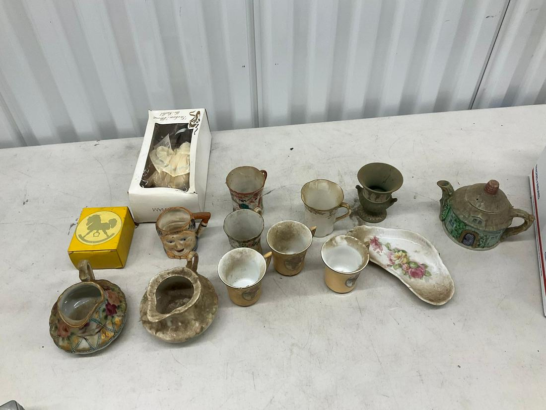 Lot of tea cups, cottage tea pot, and more: Lot of tea cups, cottage tea pot, and more