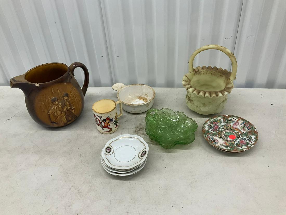 Lot of assorted plates with pitcher, glass basket, Mickey Mouse club mug, and more (1 of 1)