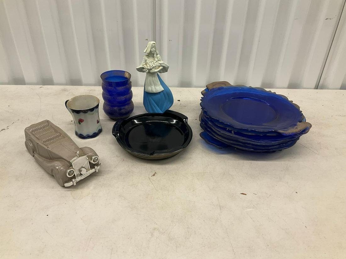 Lot of decorative items including Avon firuinres, blue glass plates, and more (1 of 1)