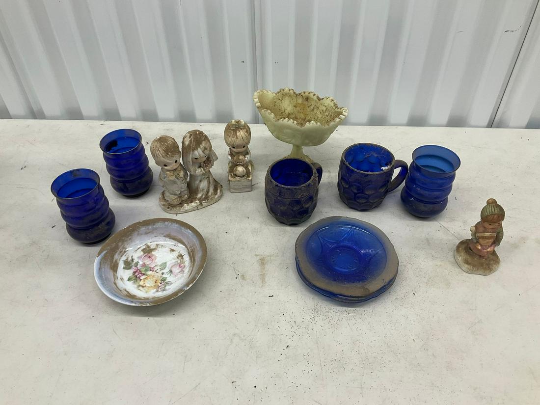 Lot of Precious Moments figurines, blue glass cups, mugs, plates, and more (1 of 1)