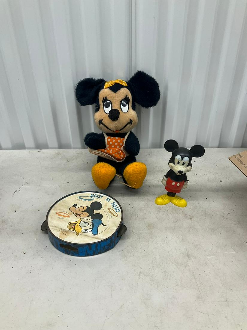 Vintage Minnie Mouse bear with Mickey and Donald tambourine and Mickey Mouse plastic figure (1 of 1)