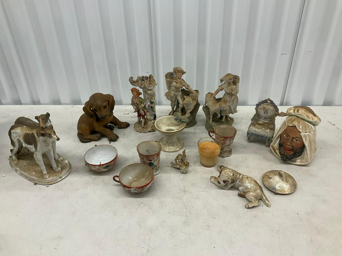 Lot of tea cups, decorative vase, statues, and more: L: 12"