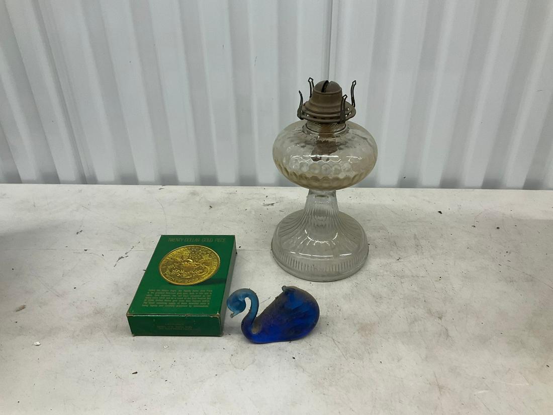 Twenty Dollar Gold Piece, vintage glass lamp, and more: H: 12"