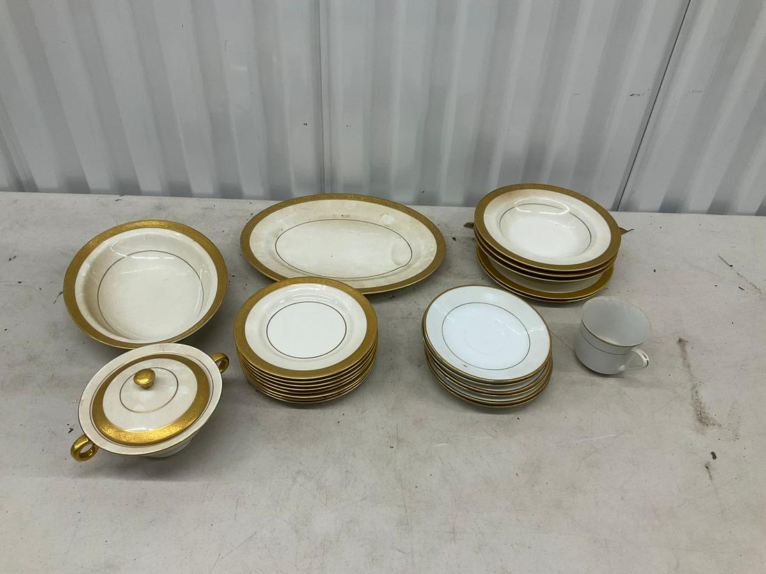 Lot of gold and white plates, platters, and more (Theodore Haviland New York, Made in America,: L: 11"