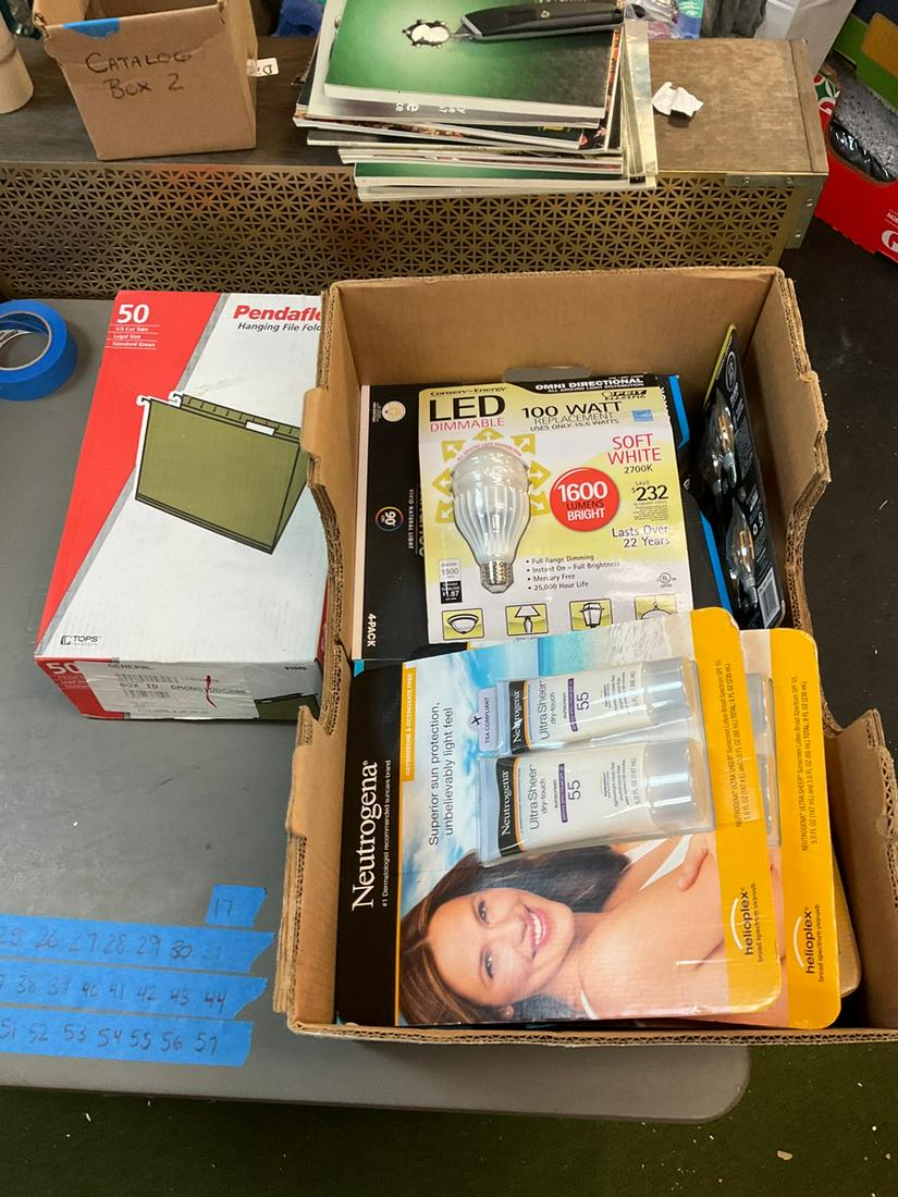 Lot of various packs of LED lightbulbs, SPF 55 Sunscreen and hanging file folders (1 of 1)