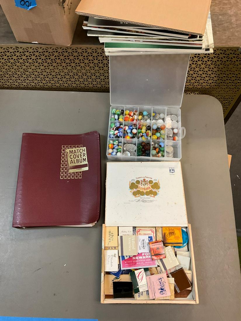 Lot of matches with match cover album, marbles and more: Lot of matches with match cover album, marbles and more