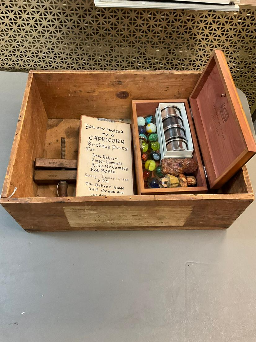 Wooden Crate, marbles, napkin holders, small cedar chest and more (1 of 1)