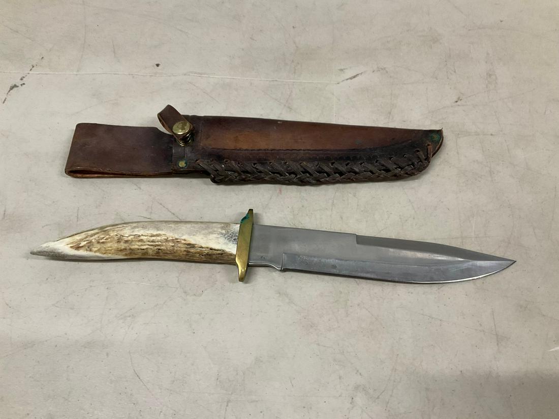 Antler Hilted silver stag knife in leather sheeth (1 of 1)