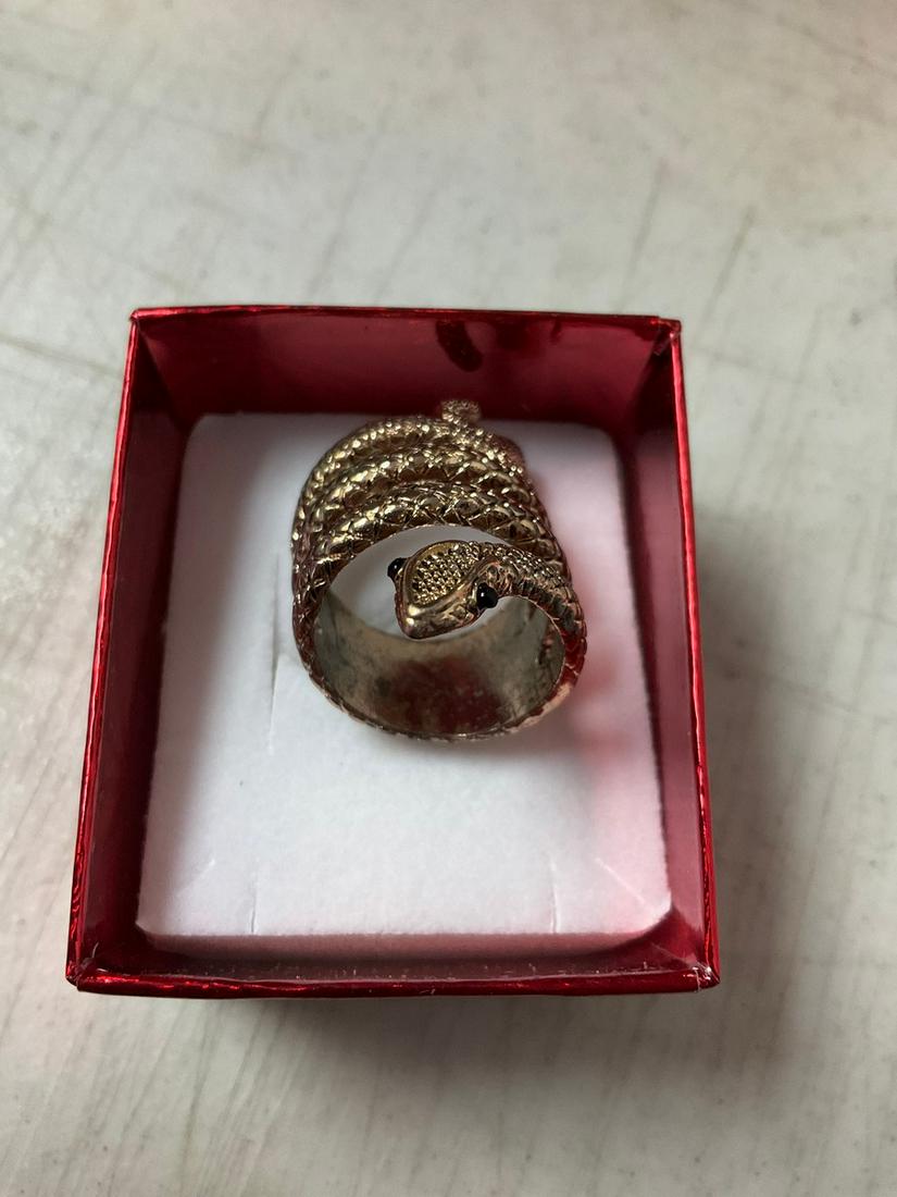 Goldtone Snake Ring with Jeweled Black Eyes (1 of 1)