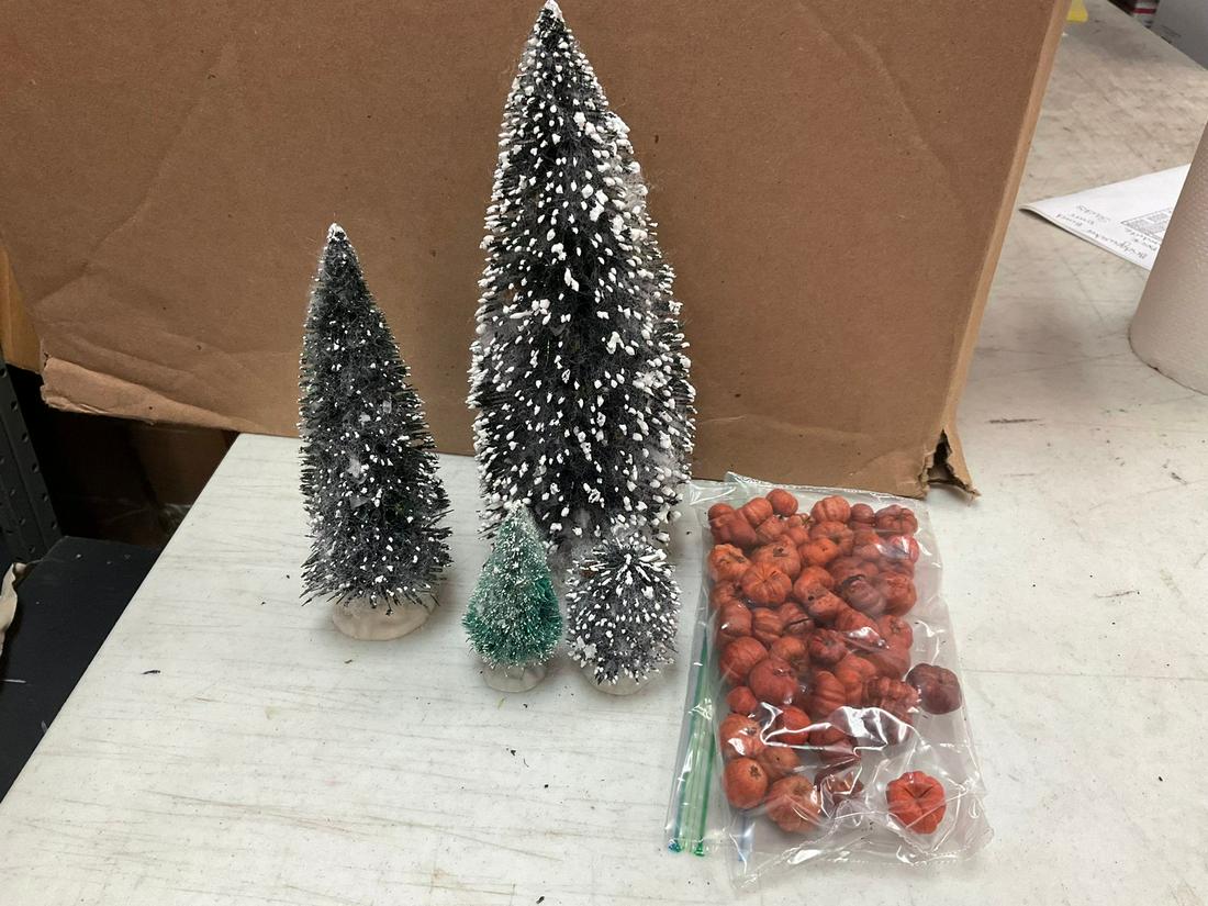 Vintage snowy Christmas tress decorations and pumpkins: Vintage snowy Christmas tress decorations and pumpkins