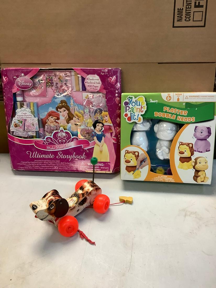 1965 "Fisher Price Little Snoopy" Dog Pull Toy, Disney Princess Storybook and Plaster Bobble Heads (1 of 1)