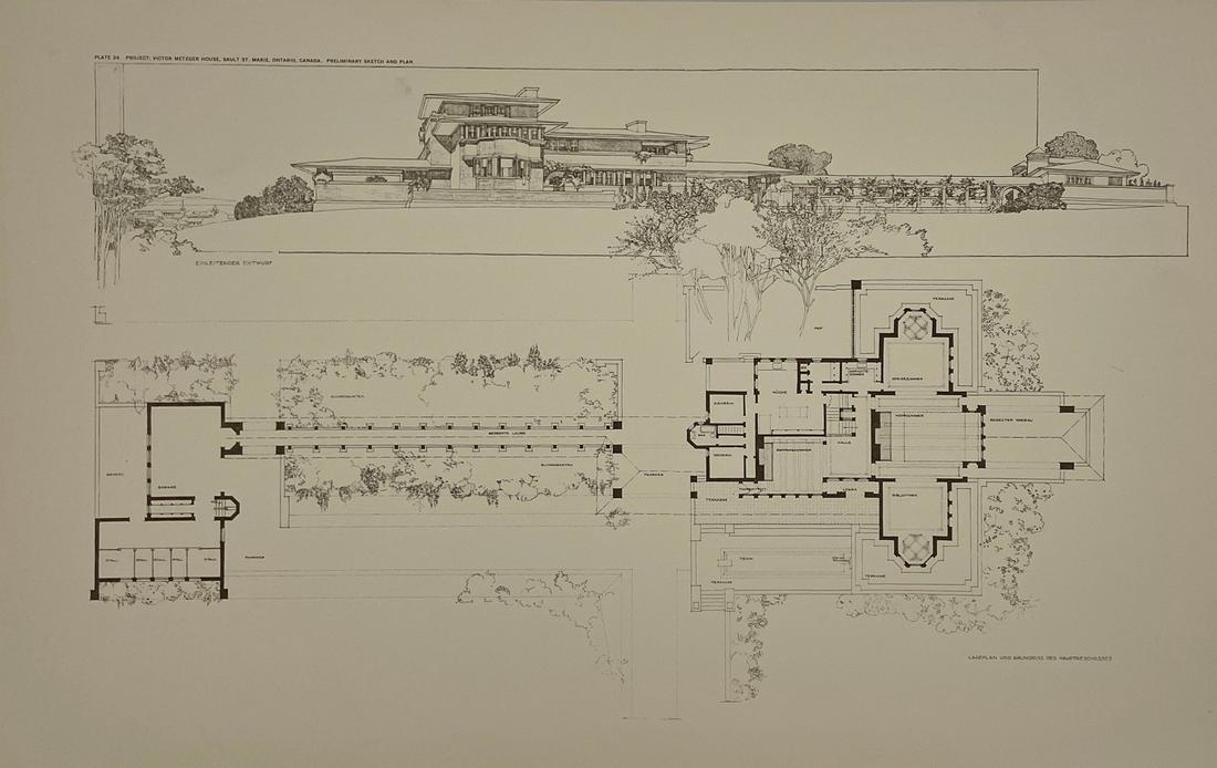 Frank Lloyd Wright - Victor Metzger House Floorplan: FRANK LLOYD WRIGHT (1867-1959) Victor Metzger House, Ontario, Canada Print on Paper 15 3/4" x 25"
