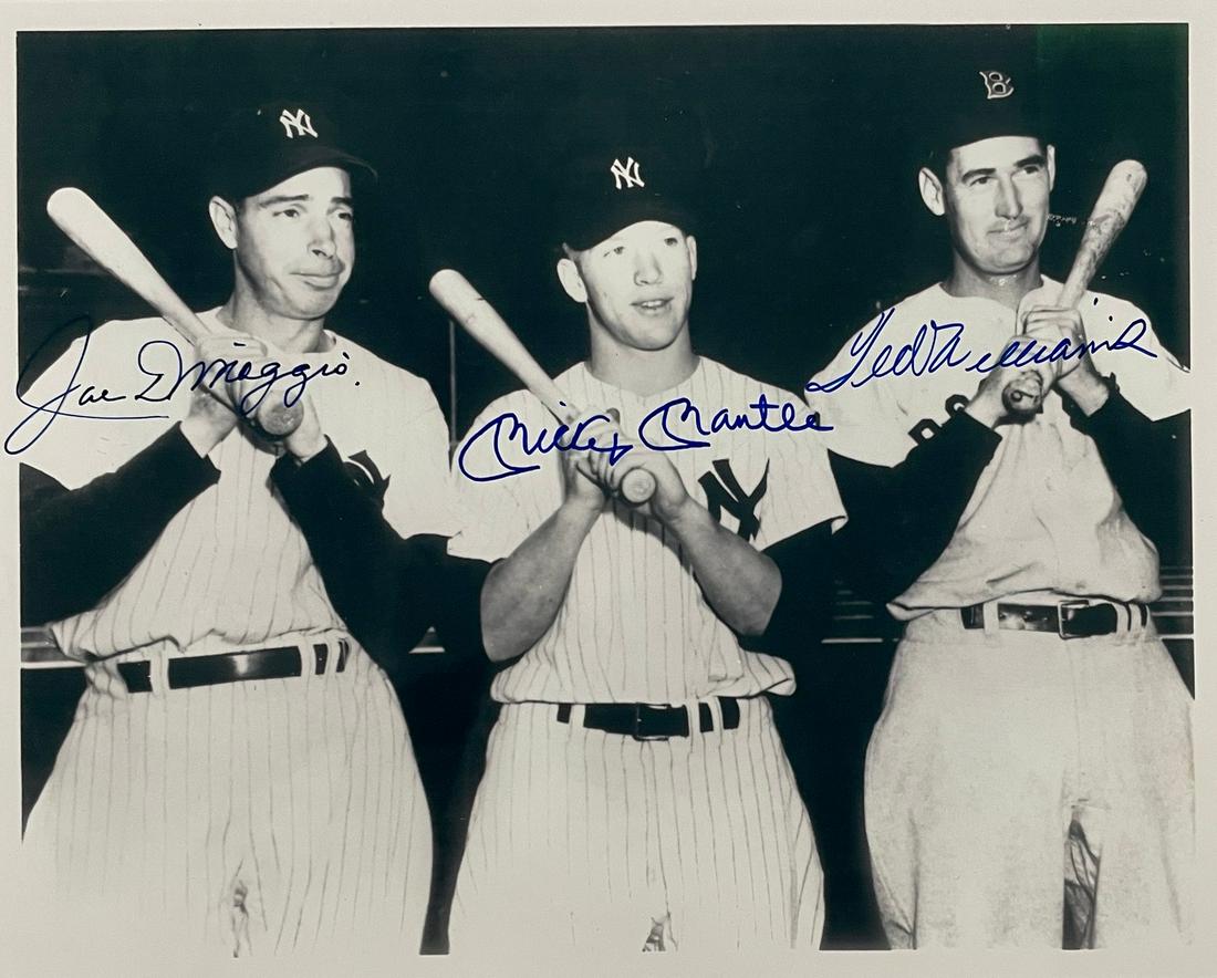 Joe Dimaggio, Mickey Mantle, Ted Williams Signed Autograph: JOE DIMAGGIO (1914-1999) MICKEY MANTLE (1931-1995) TED WILLIAMS (1918-2002) Autographed Photograph by all three baseball players 10" x 8"
