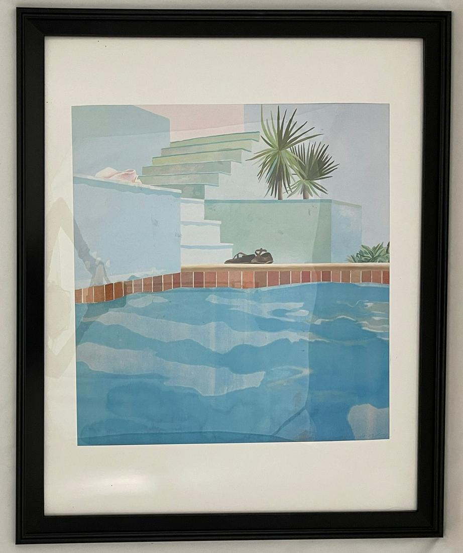 David Hockney - Pool and Steps, Hand Signed Offset Lithograph: DAVID HOCKNEY (B. 1937) Pool and Steps Offset Lithograph in colors Hand signed to the bottom right in pencil 21 3/4" x 21 5/8" Frame Measures 26 1/2" x 33 1/2"