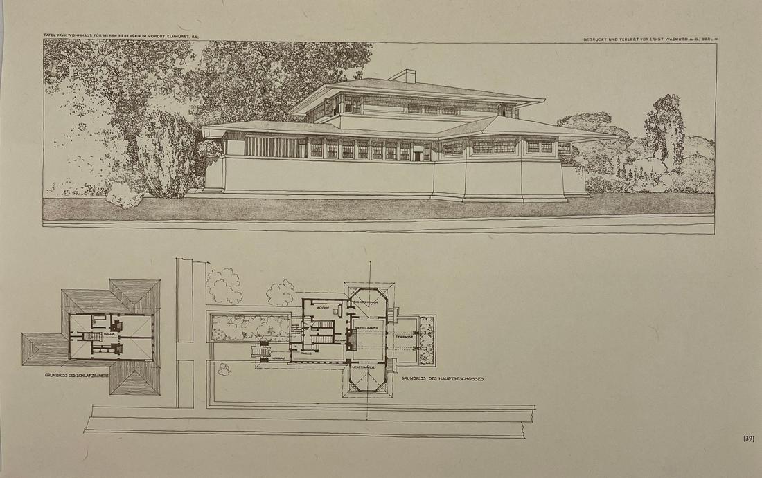 Frank Lloyd Wright - Elmhurst Illinois: FRANK LLOYD WRIGHT (1867-1959) Tafel XXVII Wohnhaus Fur Herrn Hnerson Im Voport Elmhurst, Illinois Print in Colors 9 1/2" x 14 1/2"