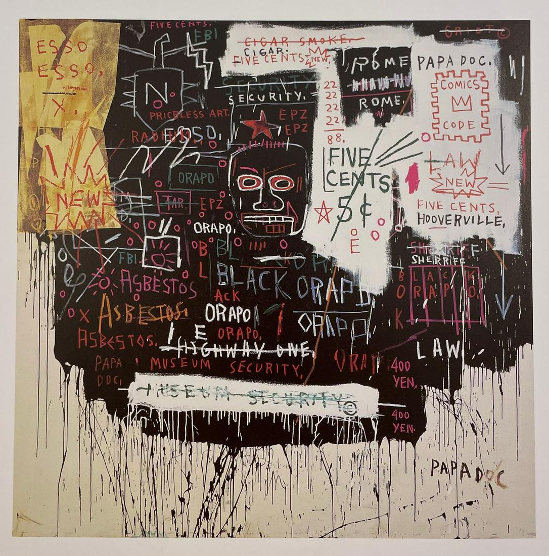 Jean Michel Basquiat - Museum Security, 1983: JEAN MICHEL BASQUIAT (1960-1988) Museum Security, 1983 Print in Colors 8" x 8" Jean-Michel Basquiat was an influential African-American artist who rose to success during the 1980s. BasquiatÃ¢€�