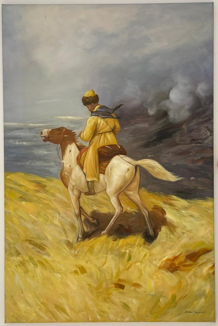 Original Oil Painting - Polish: ZOLISTOML SAMPOLOLD (Polish) Original Oil Painting of a Man Riding a Horse 24" x 36"
