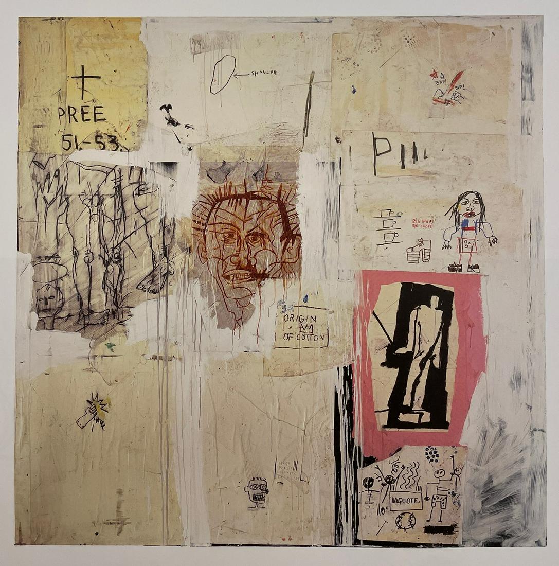 Jean Michel Basquiat - Big Shoes, 1983: JEAN MICHEL BASQUIAT (1960-1988) Big Shoes, 1983 Print in Colors 8 1/4" x 8 1/4" Jean-Michel Basquiat was an influential African-American artist who rose to success during the 1980s. BasquiatÃ¢&euro